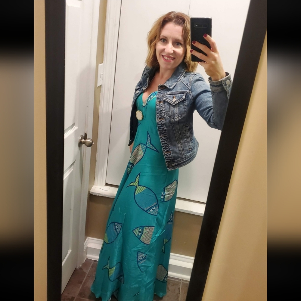 Anthropologie Anupamaa Turquoise Silk Fish Print Maxi Dress Size 0